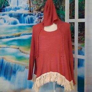 Orange creek long sleeve hooded fringe top